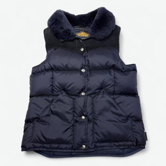 Penfield Vest Womens XS Navy Shearling Collar Suede Yoke Puffer Insulated - Picture 1 of 11